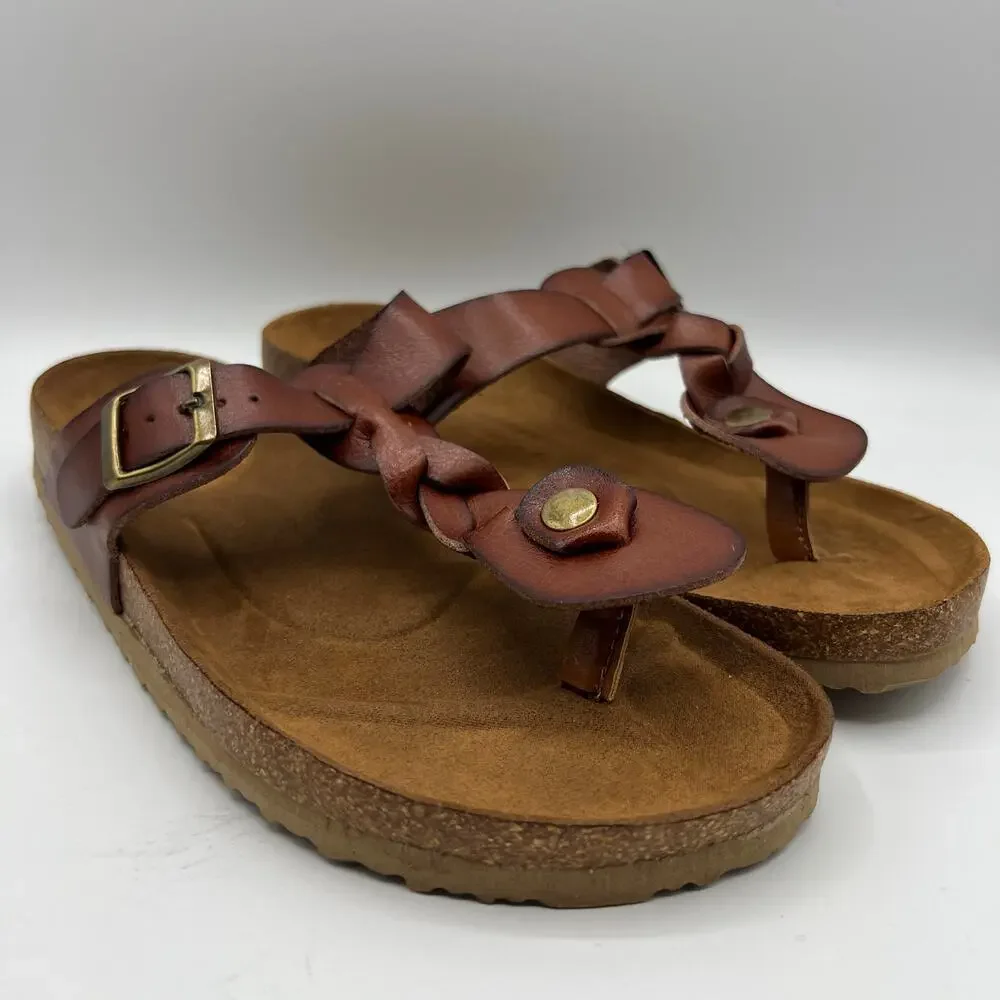 Maurices Lauren Brown Braided Thong Footbed Sandals Slides | Women's Size 8